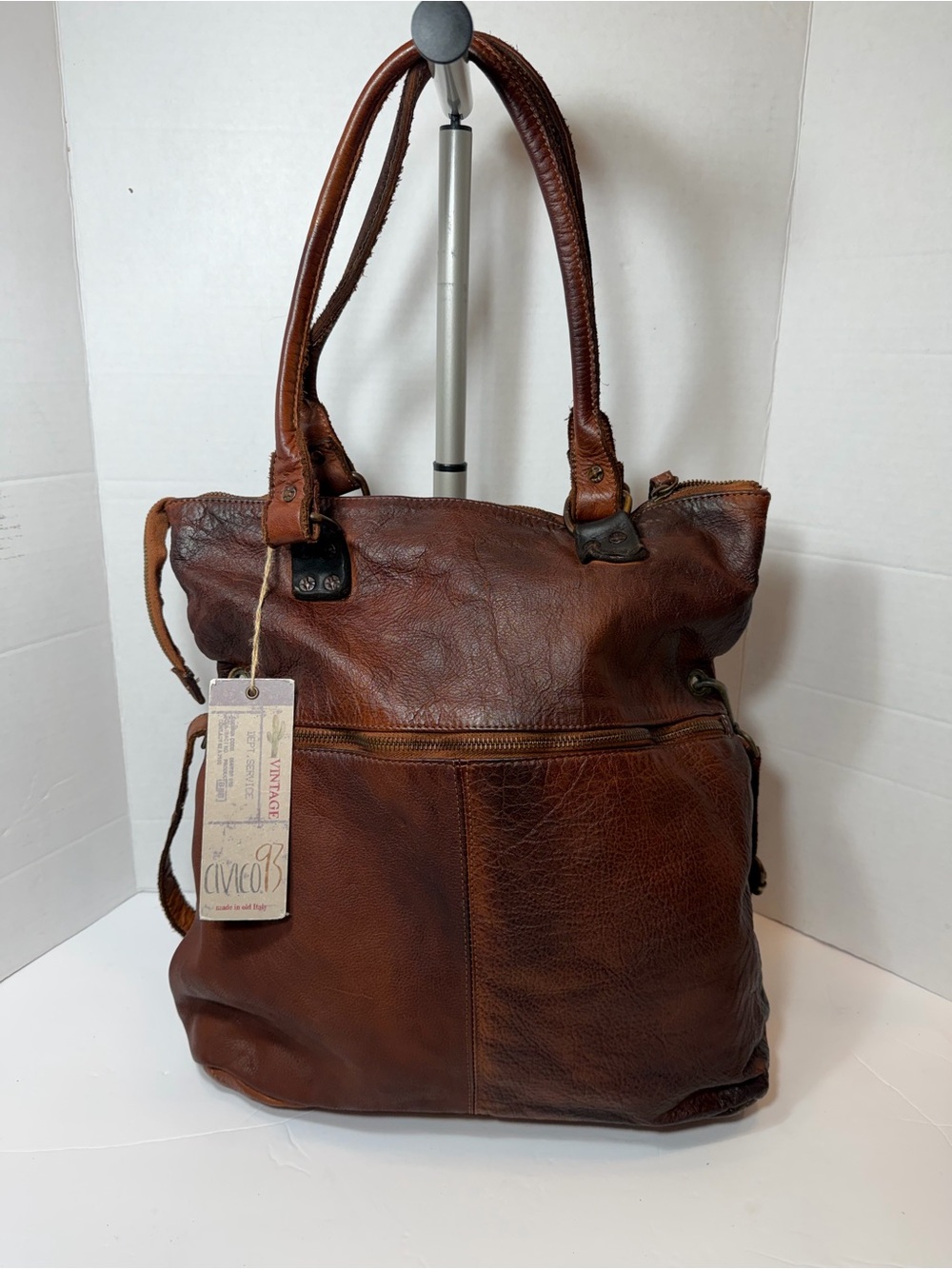 NWT Civico 93 Women's Vintage Distressed Cogac Leather North South Large Tote